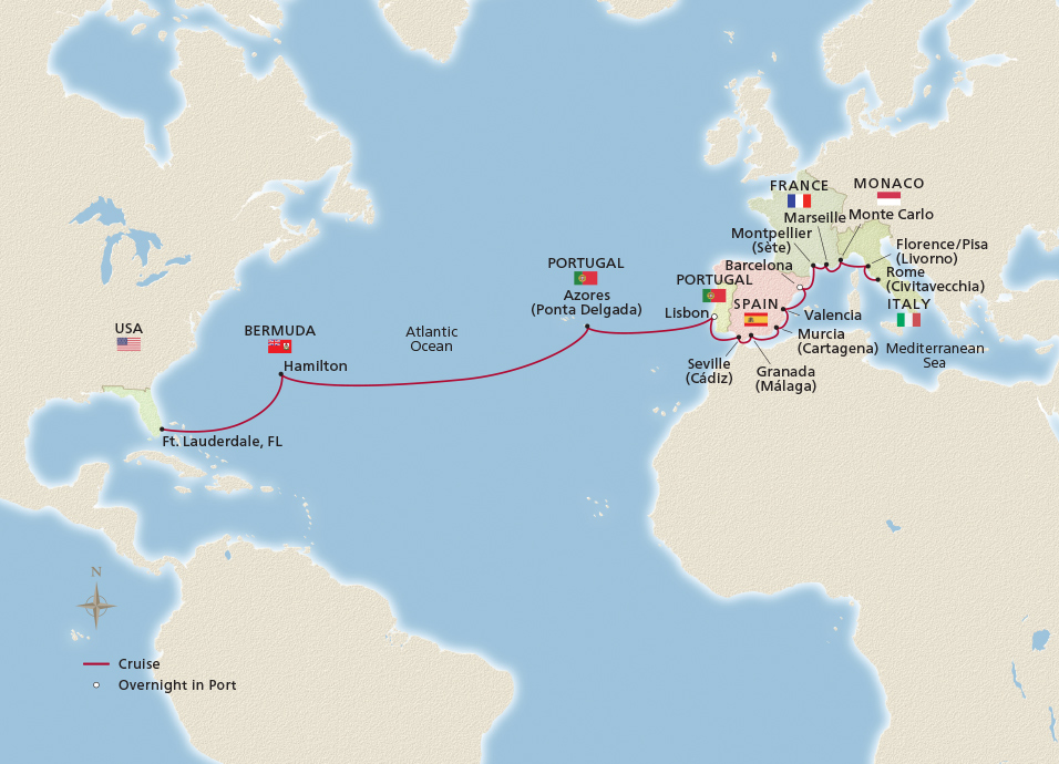 Map of Mediterranean Explorer & Crossing itinerary