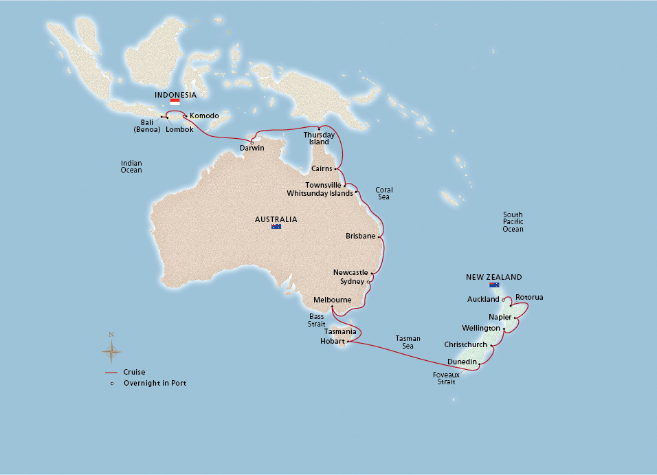 Map of the Australia, New Zealand & Indonesia itinerary