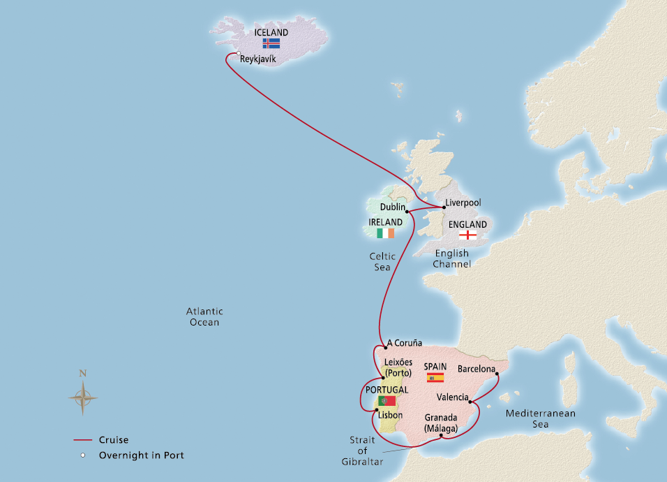 Map of the Iceland, British Isles & Iberia itinerary