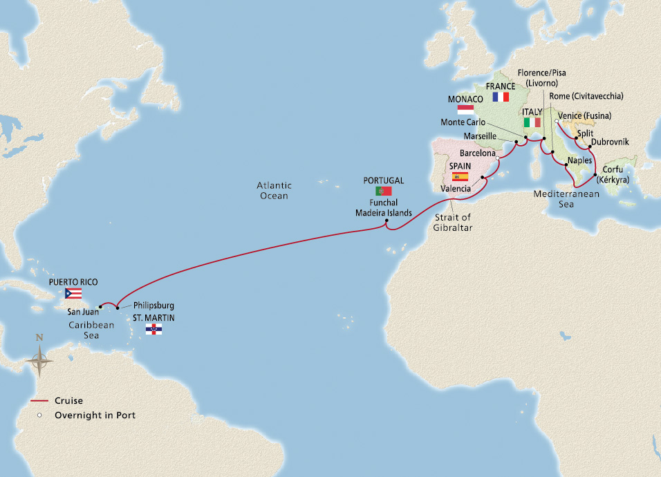 Map of the West Indies & the Mediterranean itinerary