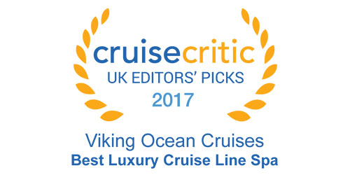 Badge with text "Cruise Critic - UK Editors' Picks - 2017 - Viking Ocean Cruises - Best Luxury Cruise Line Spa"