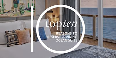 Interior of a Viking Suite with a bed and window looking out to the water. White text overlayed on top reading "Top 10 Reasons to reserve a Viking Ocean Suite."